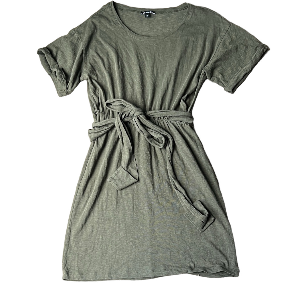 Express Green Belted T-Shirt Dress | Size Small Casual Cotton Mini